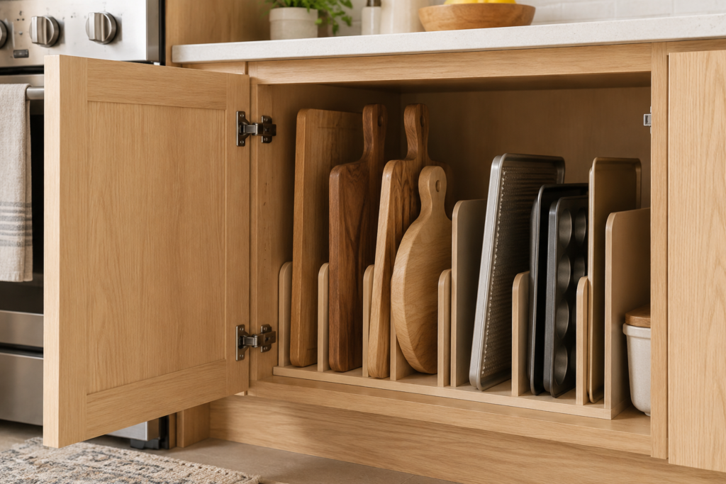 Kitchen cutting board storage ideas with vertical cabinet dividers