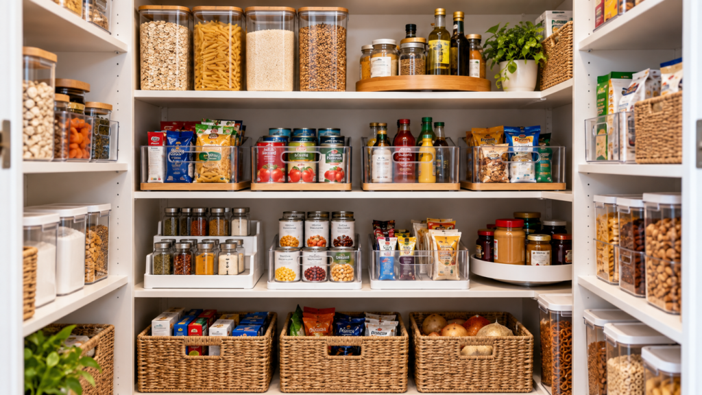 Deep pantry organization ideas with labeled bins turntables and neatly arranged food on deep shelves