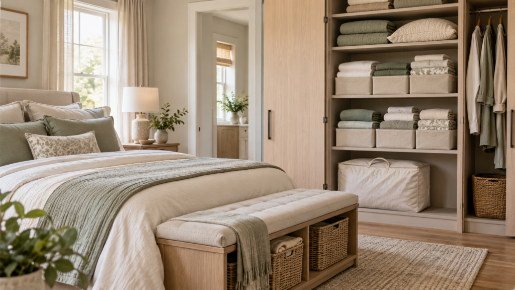 Bedroom bedding storage ideas with folded linens in a wardrobe