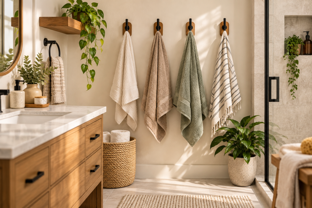 Bathroom towel hook organization ideas with neatly arranged towels