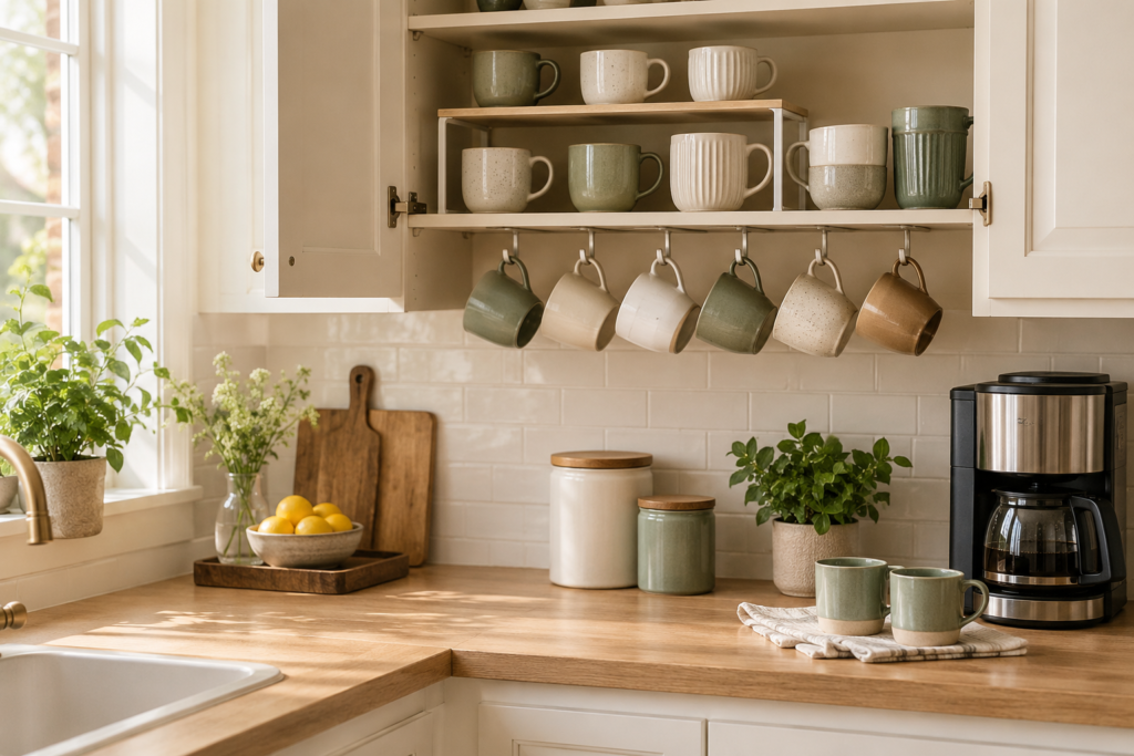 Ceramic mugs organized with shelf risers and under-shelf hooks in a warm kitchen