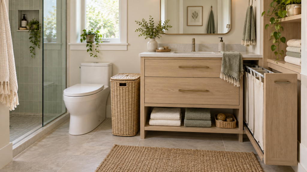 Bathroom laundry hamper storage ideas with a slim woven basket