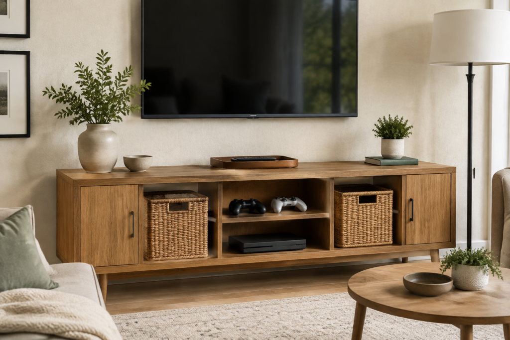 Organized TV stand with baskets, remotes and concealed cables