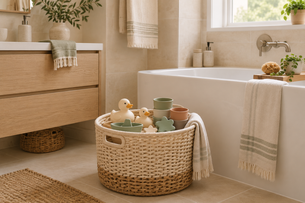 Warm modern bathroom with organized bath toys in a woven storage basket