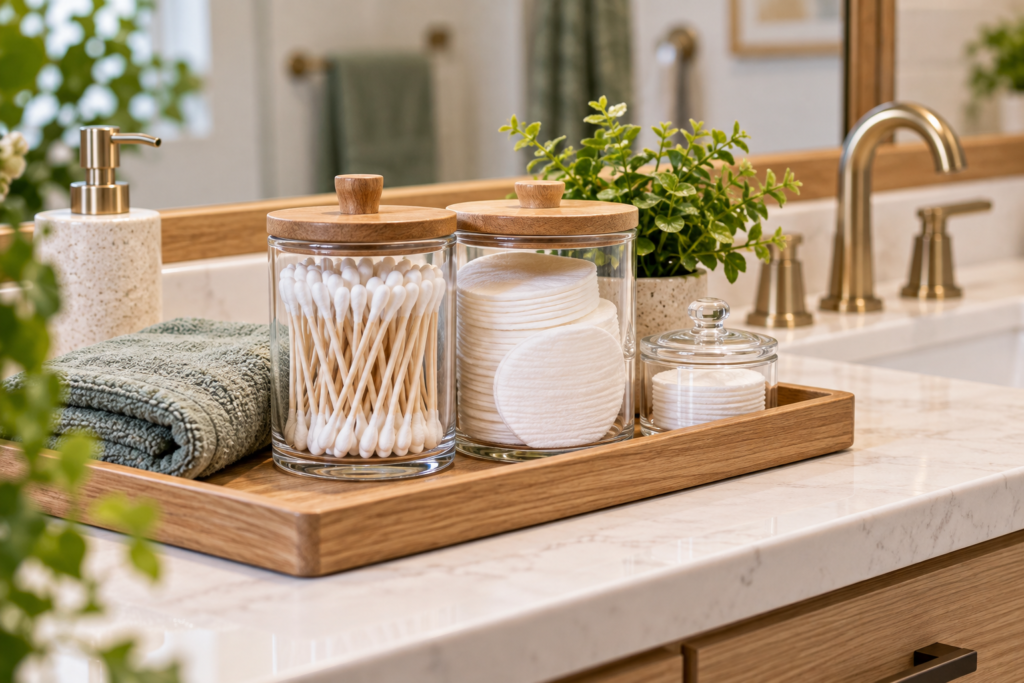 Bathroom cotton swab and cotton pad storage ideas on an organized vanity