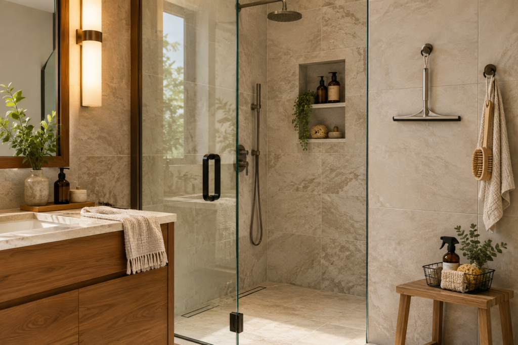 Shower squeegee stored neatly on a wall hook in a warm modern bathroom