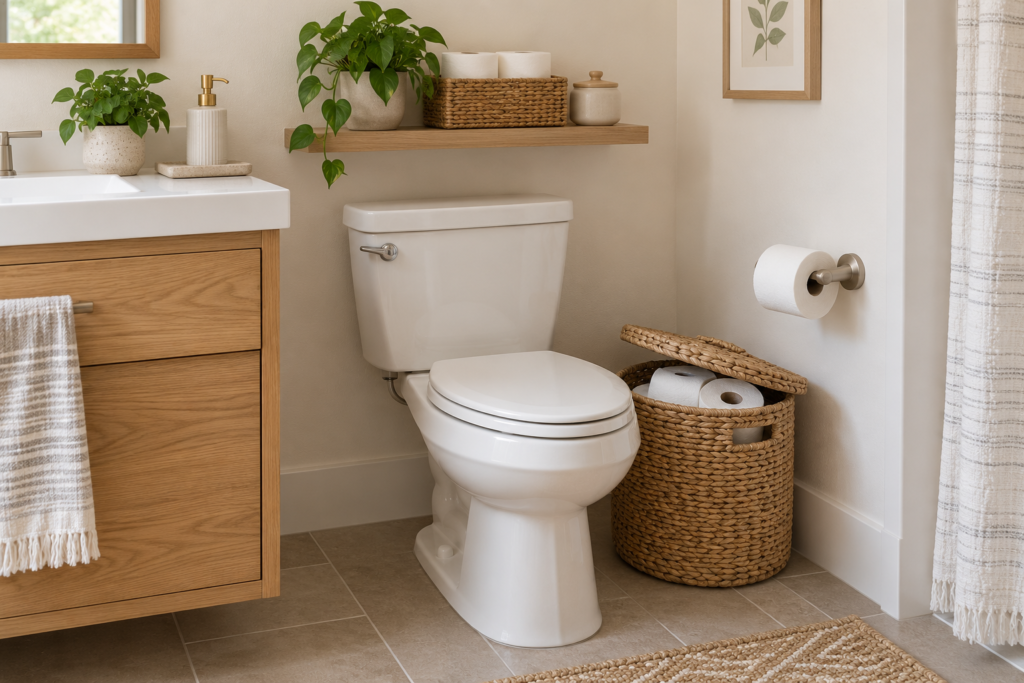 Bathroom toilet paper storage ideas using baskets and floating shelves