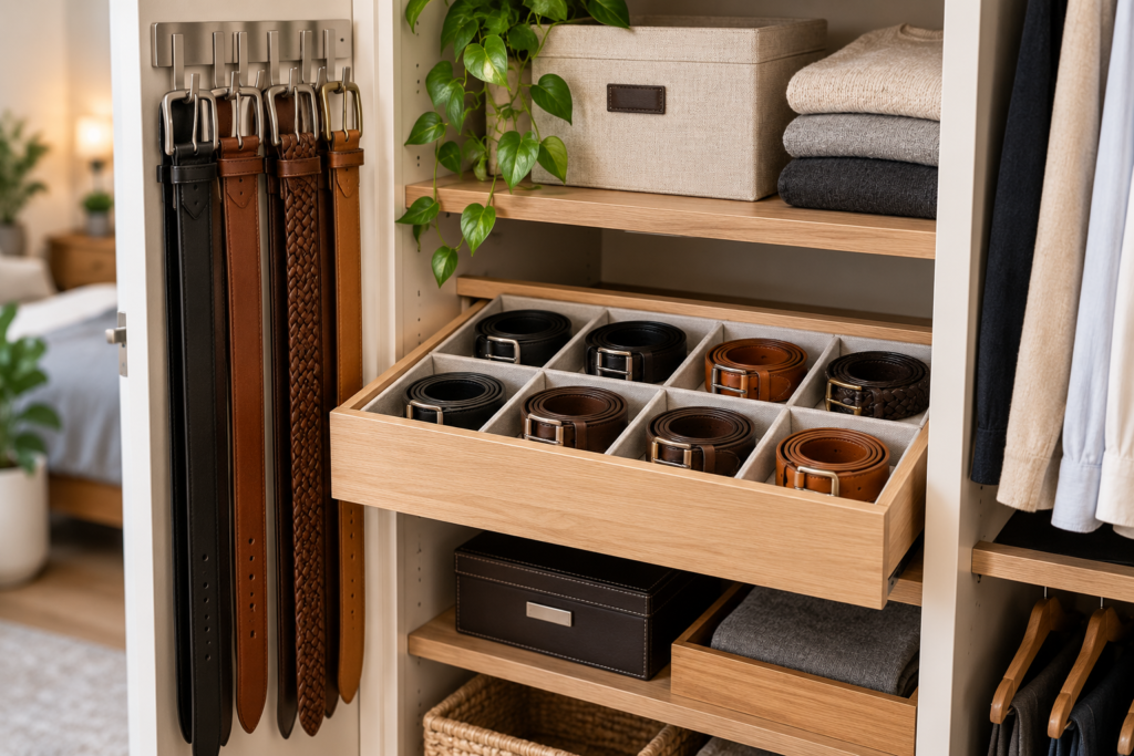 Bedroom belt storage ideas with neatly organized belts in a closet