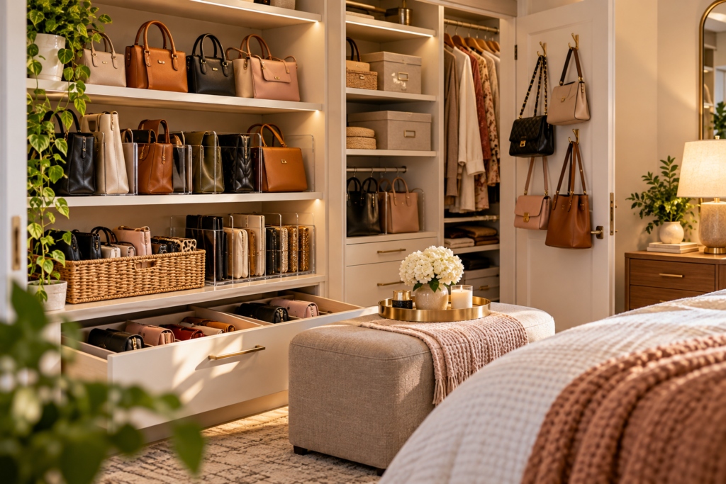 Bedroom handbag storage ideas with purses neatly organized on closet shelves and dividers