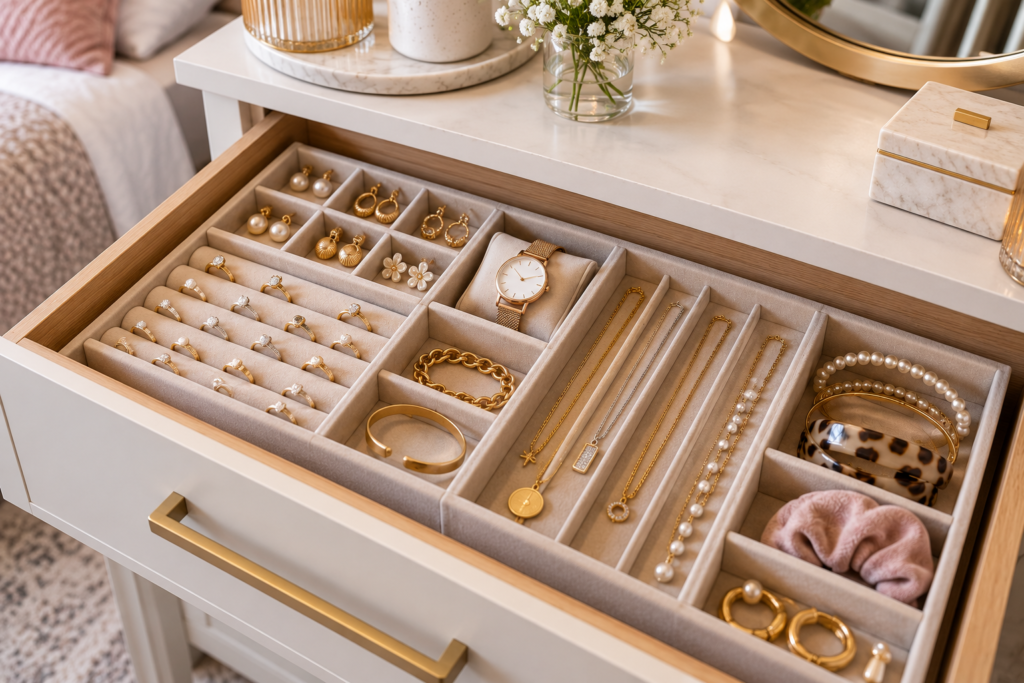 Bedroom jewelry drawer organization ideas with neatly arranged accessories