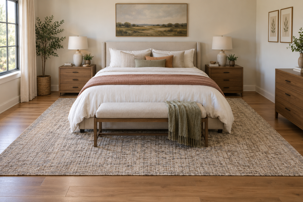 Bedroom rug placement ideas showing a large area rug centered beneath a queen bed