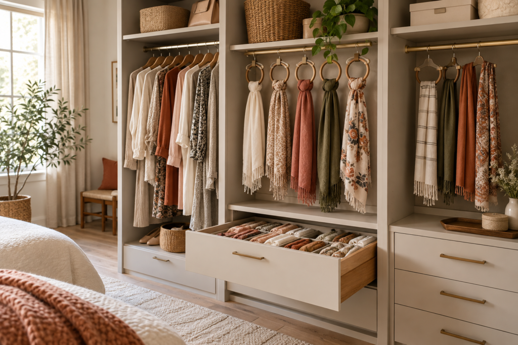 Scarves organized neatly on rings and hangers in a warm modern bedroom closet
