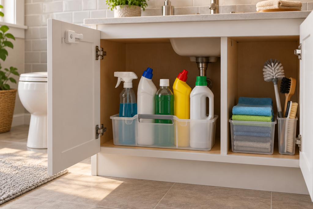 Cleaning bottles in a caddy with cloths and brushes stored separately in a bathroom cabinet.