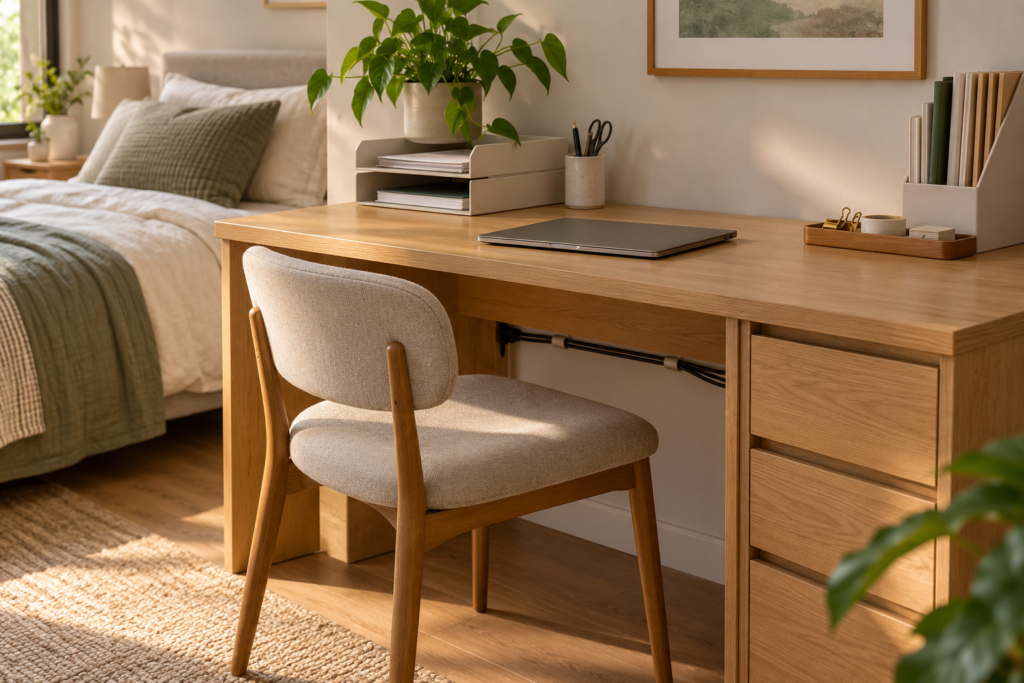 A clear bedroom desk with a paper inbox, vertical folders, stationery tray and neatly routed cords.