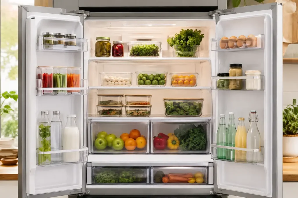 Organized refrigerator with clear bins and neatly arranged fresh food