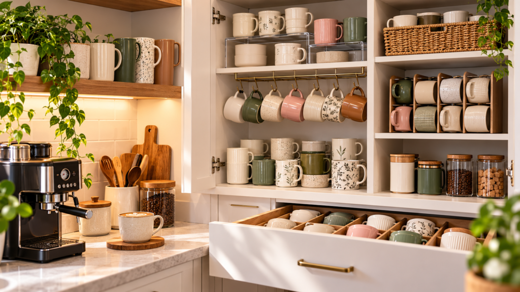 Kitchen coffee mug storage ideas with mugs neatly organized on cabinet shelves and hooks