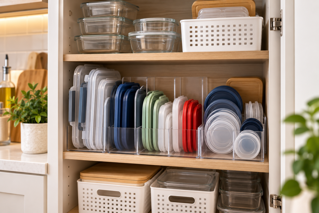 Kitchen food storage container lid organization ideas in an organized cabinet
