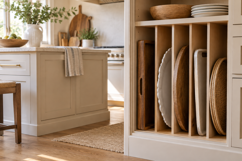 Serving trays and platters stored vertically in an organized kitchen cabinet