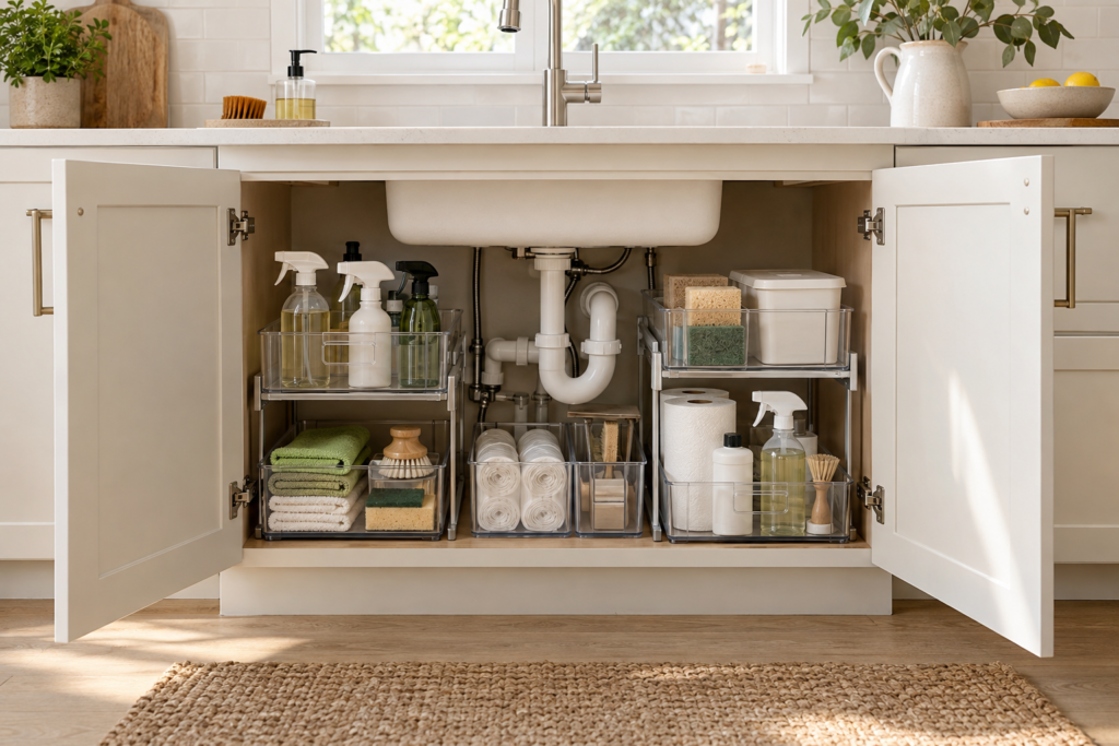 Kitchen under-sink organization ideas with organized cleaning supplies