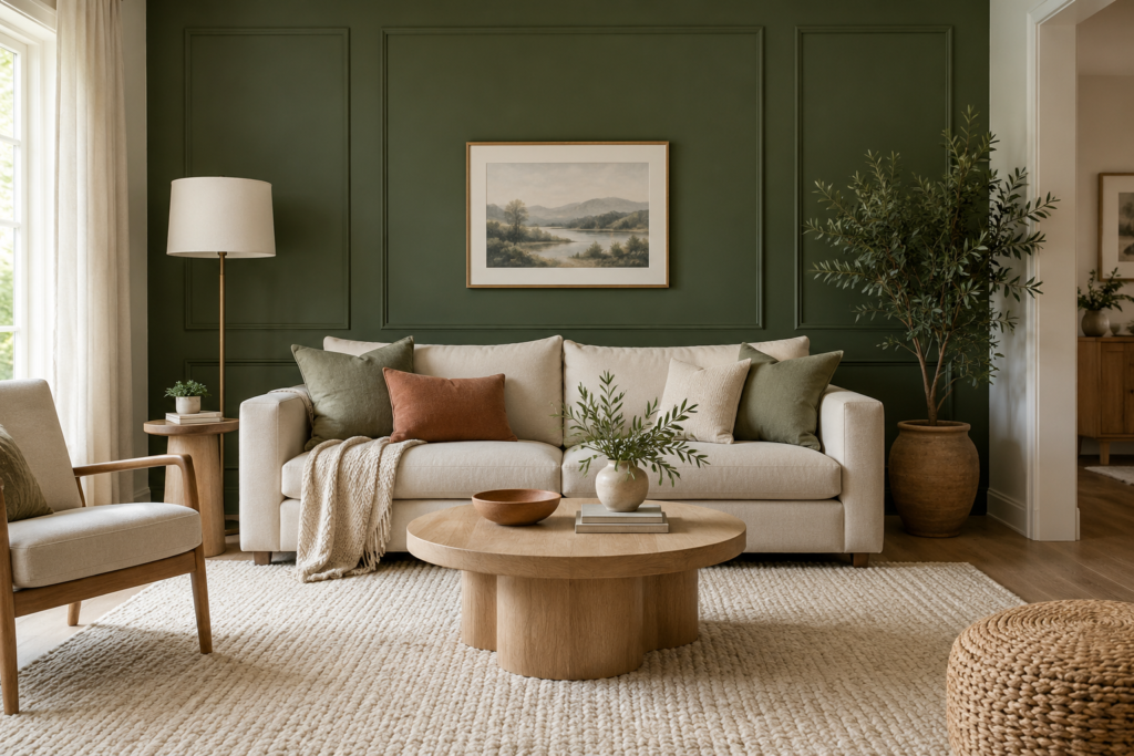 Living room accent wall ideas with sage green panel molding and neutral furniture