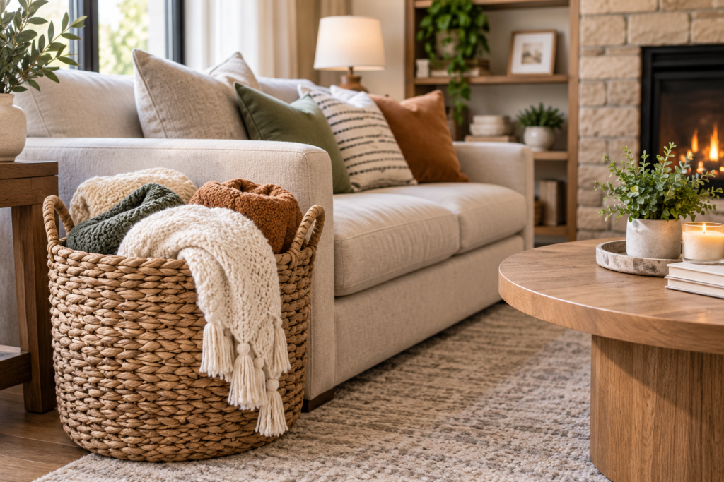 Living room blanket basket storage ideas with neatly folded throws