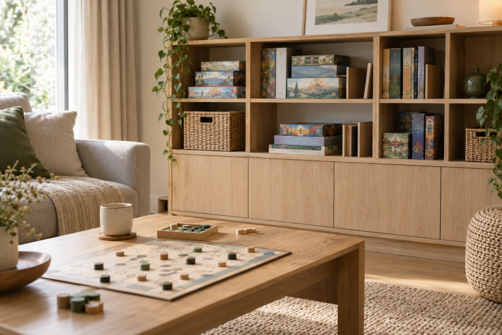 Living room board game storage ideas using shelves and baskets