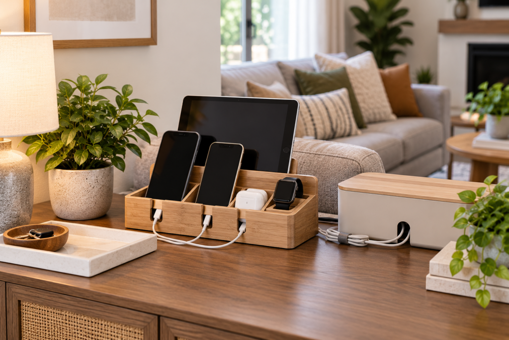Living room charging station organization ideas with neatly organized devices and cables