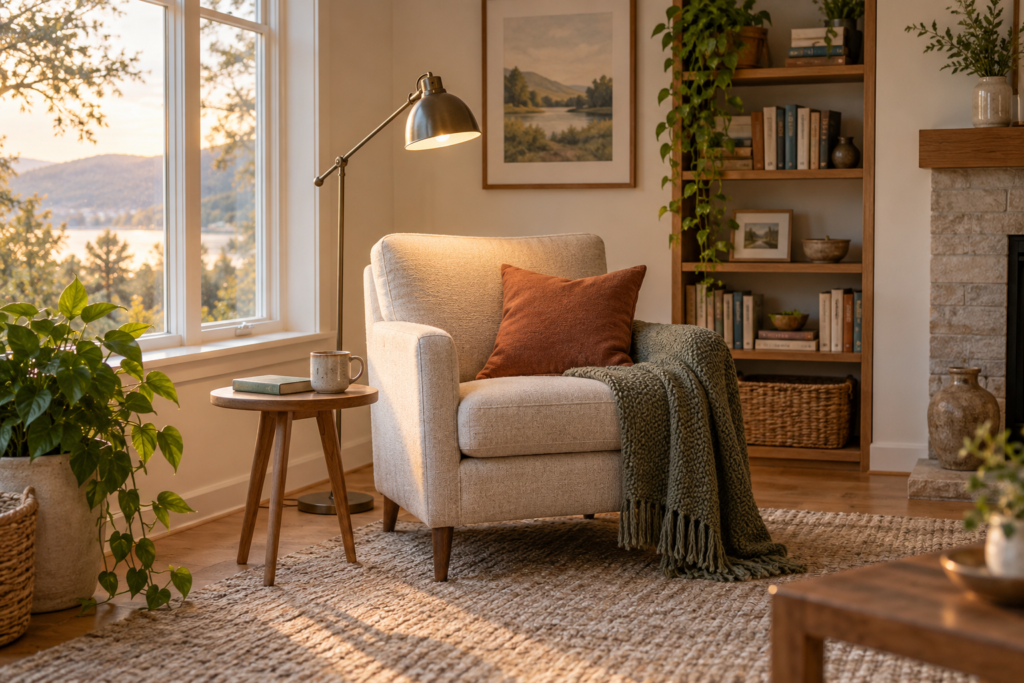 Cozy living room reading nook ideas with an armchair, floor lamp and bookshelf