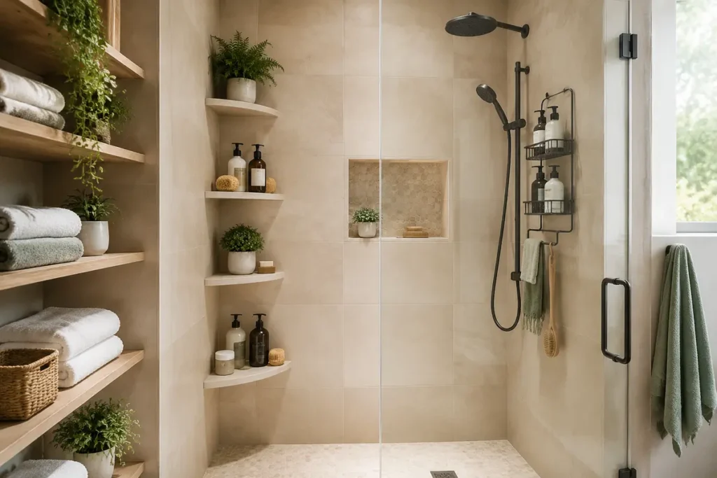 Modern bathroom shower with organized shelves and hanging storage caddy