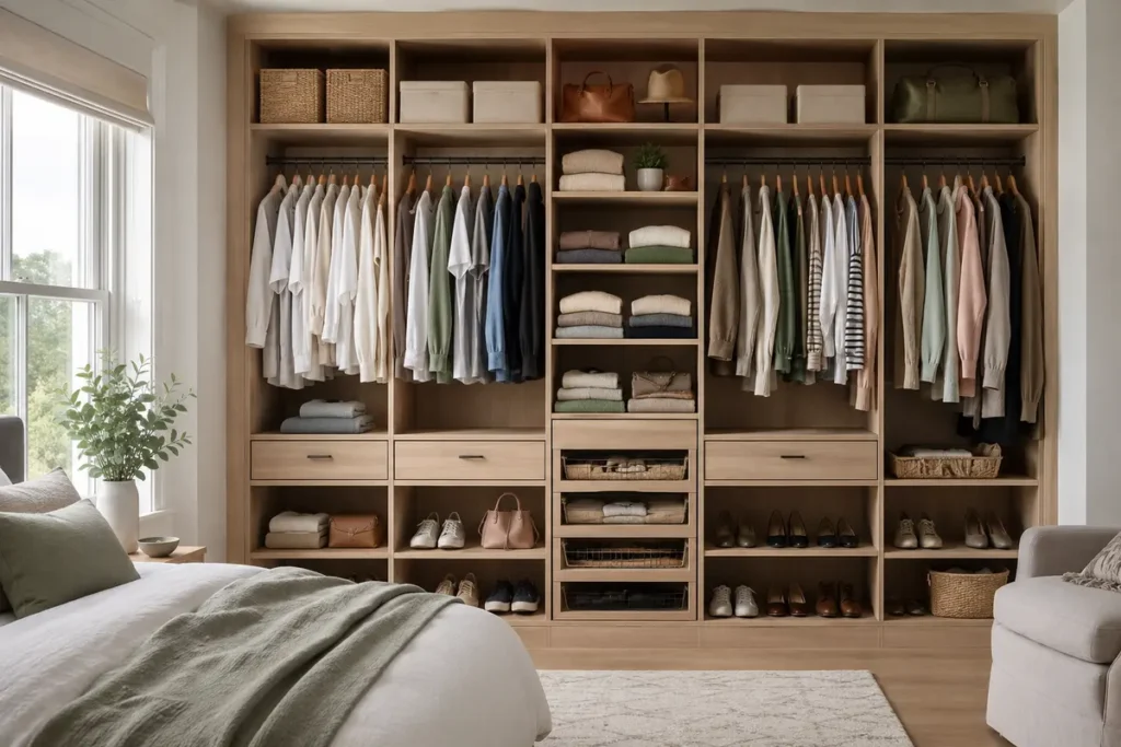 Organized bedroom wardrobe with clothes shoes baskets and storage boxes